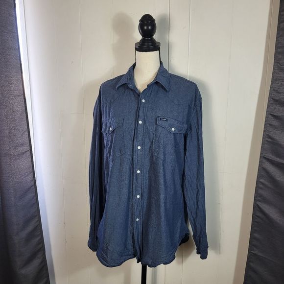 WRANGLER Dark Blue Chambray Cotton Pearl Snap Down Shirt Size Large - Picture 2 of 4